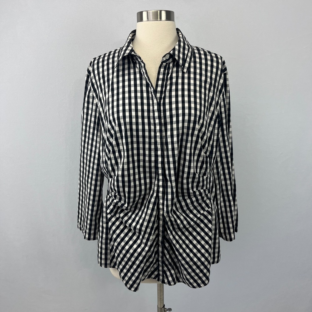 Lafayette 148 Leigh Ruched Gingham Check Shirt Sz 16 Black Top Quiet Luxury